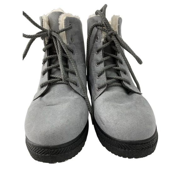 Womens SQL 9 Booties Boots Gray Faux Suede Lace Up Ankle Treaded Fur Lined 4037 - Picture 4 of 7